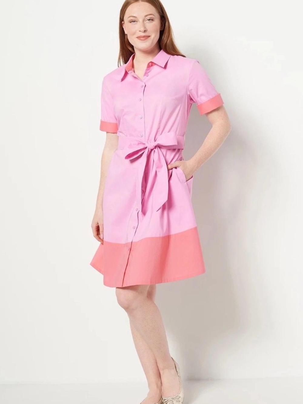 Isaac Mizrahi Pink & Coral Colorblock Tie-Waist Shirt Dress